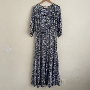 Walker & Wade Carrie Navy & White Floral Tiered Maxi Dress M Boho Chic